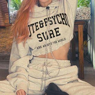 Set: Lettering Print Cropped Hoodie + Sweatpants