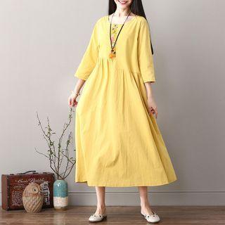 3/4-sleeve Flower Print Midi Smock Dress