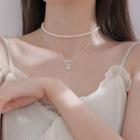 925 Sterling Silver Faux Pearl Heart Pendant Layered Choker Necklace