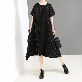 Striped Asymmetrical Short-sleeve Dress Black - One Size