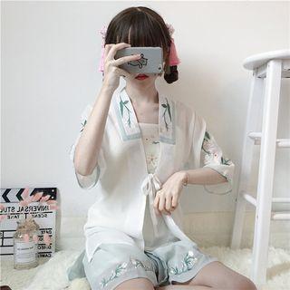 Embroidered Camisole Top / Wide-leg Shorts / Lace-up Chiffon Jacket / Set