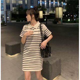 Short-sleeve Striped Polo Knit Dress Almond - One Size