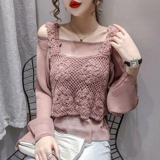 Set: Plain Blouse + Sleeveless Crochet Knit Top