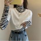 Long-sleeve Zebra Print Mock-neck T-shirt