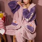 Loungewear Set : Fleece Lettering Embroidered Hooded Robe + Pants