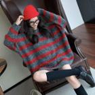 Striped Loose-fit Sweater / Hooded Shawl