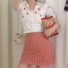 Cherry Print Cropped Cardigan / Plaid Mini Pencil Skirt