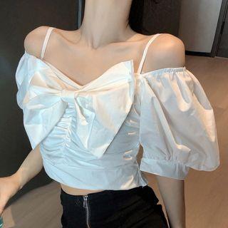 Cold-shoulder Bow Blouse White - One Size
