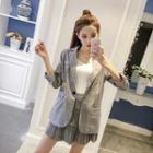 Set: 3/4-sleeve Check Blazer + Pleated Skirt