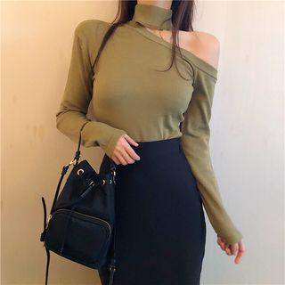 Plain Off-shoulder Knit Long-sleeve Top