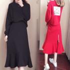 Set: Long-sleeve Applique Pullover + Ruffle-hem Midi Skirt