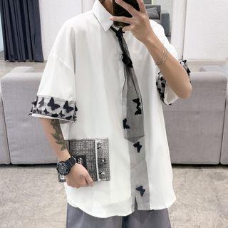 Elbow-sleeve Butterfly Shirt With Tie