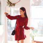 Asymmetric Ruffle-hem Dress With Sash