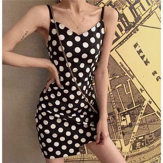 Polka Dot Spaghetti-strap Asymmetric Mini Dress