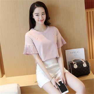 Short-sleeve Pleated-cuff Beaded Chiffon Top