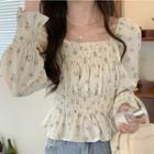 Long-sleeve Square-neck Floral Printed Top