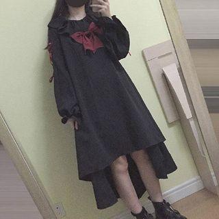 Long-sleeve Midi Shirt Dress Op - Black - One Size