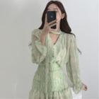 Tie-neck Long-sleeve Chiffon Mini Sheath Dress Green - One Size