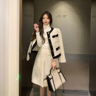 Mock-neck Plain Top / Color-block Blazer / Woolen A-line Skirt