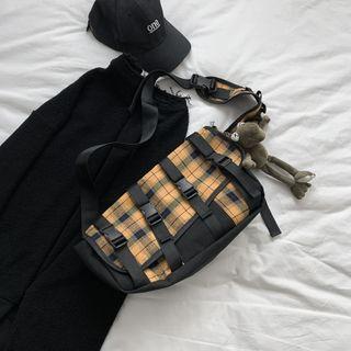 Plaid Buckled Canvas Sling Bag