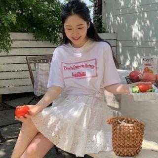 Short-sleeve Lettering T-shirt / High-waist Cut Out Lace Skirt