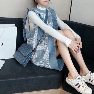 Set: Mock-turtleneck Knit Top + Ruffled Plaid Sleeveless Knit Dress