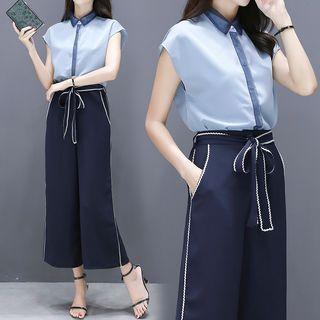 Set: Contrast Trim Short-sleeve Top + High Waist Cropped Wide-leg Pants