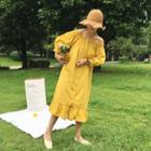 3/4-sleeve Plain Off-shoulder A-line Midi Dress