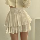 Elastic Waist Plain Layered Mini A-line Skirt
