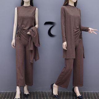 Set: Sleeveless Top + Light Jacket + Wide Leg Pants