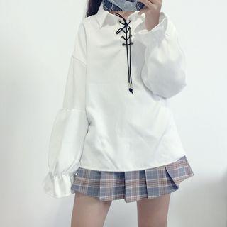 Lace-up Blouse / Ruffle Plaid Jumper Dress