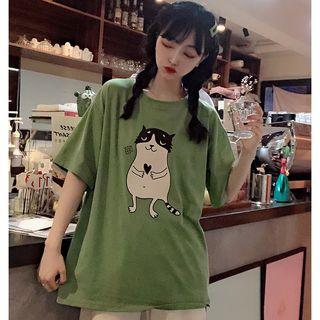 Elbow-sleeve Cat Print T-shirt / Dress