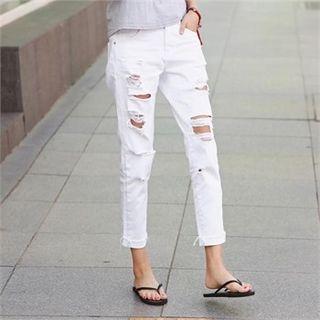Band-waist Distressed Cropped Pants
