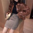 Plaid A-line Skirt / Faux-leather Jacket