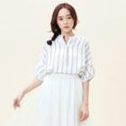 Elbow-sleeve Paneled Striped Top