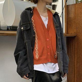 Printed Knit Vest / Denim Button Jacket
