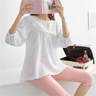 3/4-sleeve Lace-trim Cotton Top