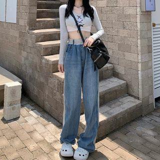 Long-sleeve Lace-up Crop T-shirt / Paneled Wide Leg Jeans