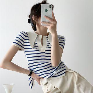 Short-sleeve Striped Knit Top Striped - White & Blue - One Size