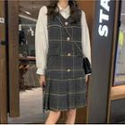 Lantern-sleeve Shirt / Plaid Overall Dress