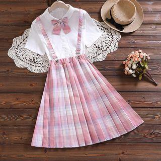 Set: Short-sleeve Shirt + Plaid Pleated Skirt