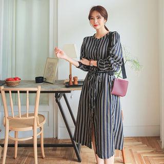 Drawcord-waist Stripe Long Shirtdress