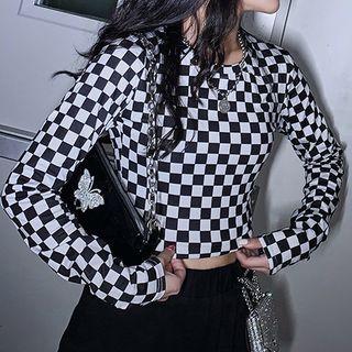Long-sleeve Checkered Print T-shirt