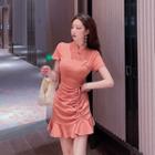 Short-sleeve Drawstring Ruffled Sheath Dress