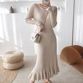 Long Sleeve Plain Ruffle Knit Dress