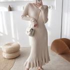 Long Sleeve Plain Ruffle Knit Dress