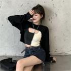 Long-sleeve Plain Cropped Top / Color Block Camisole