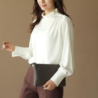 Frilled Mock-neck Faux-pearl Beaded Top