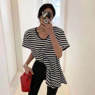 Short-sleeve Striped Long T-shirt Stripes - Black & White - One Size