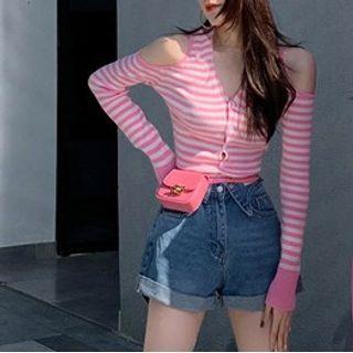 Cold-shoulder Striped Button-up Knit Top